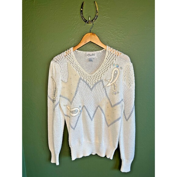 Christine Sweaters - VNTG 80s Christine Women's M Sweater Beaded Embellished Cream Grandmacore Glam